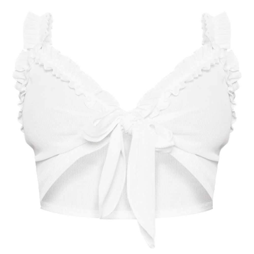 White Rib Ruffle Detail Bralet